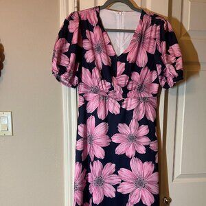 NEW Women's SHEIN Navy & Pink Floral Midi Dress - V-Neck Puff Sleeves Size XL